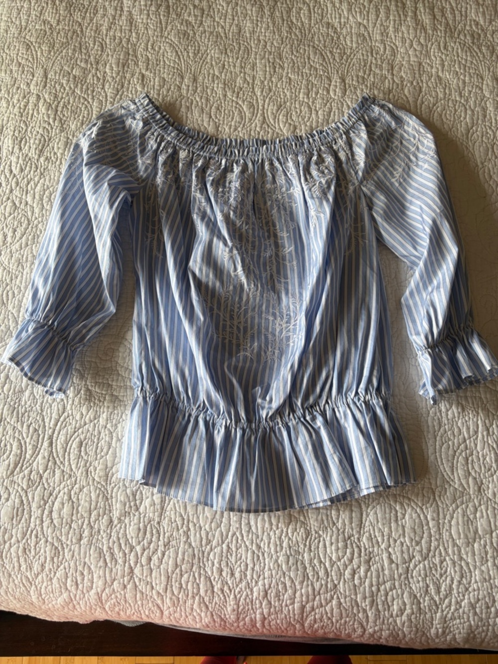White House Black Market Blue and White Striped Off-Shoulder Blouse